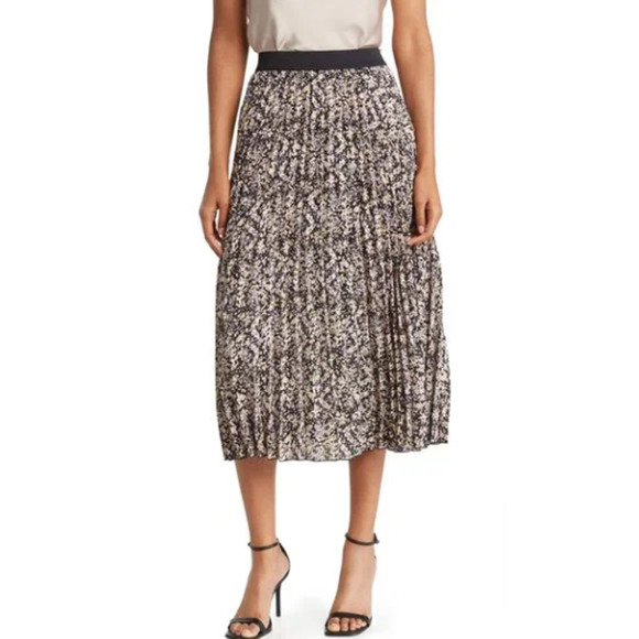 Vince Camuto Women's Pleated Midi Skirt Black with Floral Pattern Size L - Picture 1 of 6